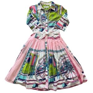 Dizzy Lizzie Mrs Maisel Wheel Print Shirt Dress M Pink Cotton Tie Waist Pockets
